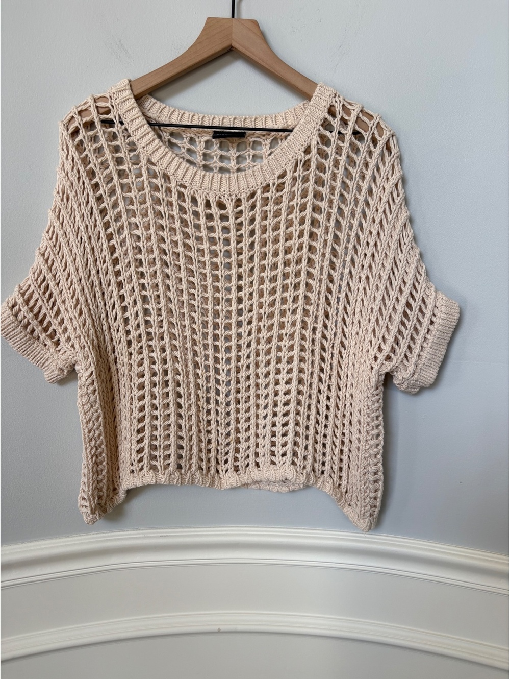 Miou Muse Medium Beige Open Knit Cropped Sweater Top